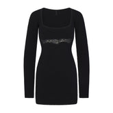 LACE KNIT LONG SLEEVE MINI DRESS | OBSIDIAN