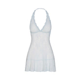 STRETCH LACE HALTER MINI DRESS | POWDER BLUE