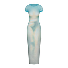MESH COVER-UPS LONG DRESS | CYAN FK BODY PRINT