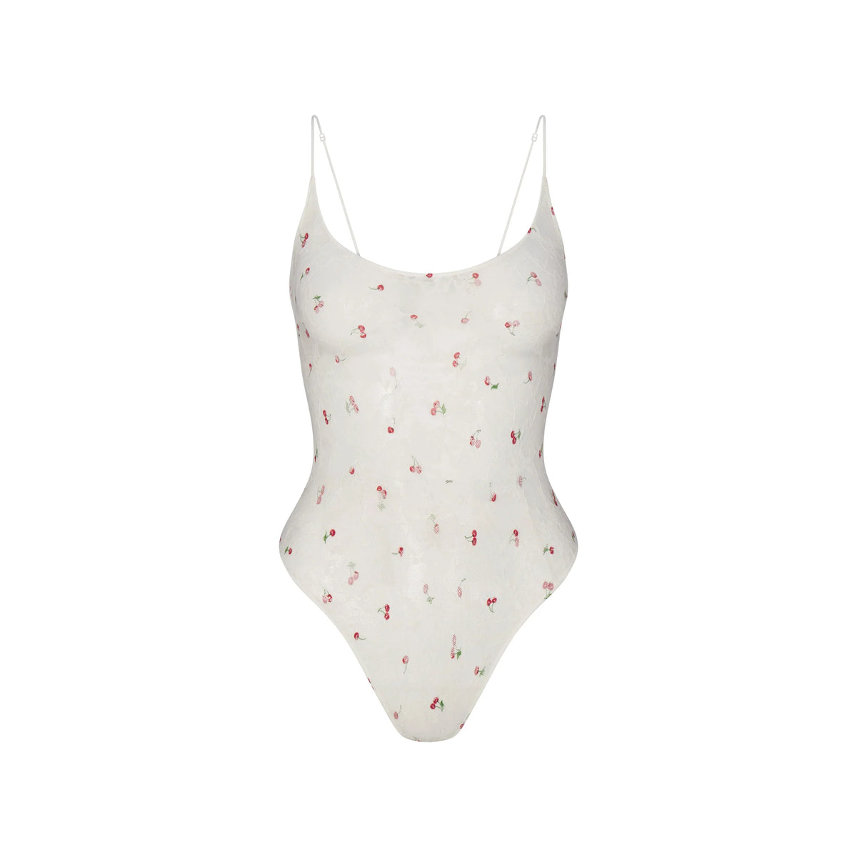 STRETCH LACE SCOOP NECK BODYSUIT | IVORY CHERRY PRINT