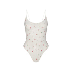 STRETCH LACE SCOOP NECK BODYSUIT | IVORY CHERRY PRINT