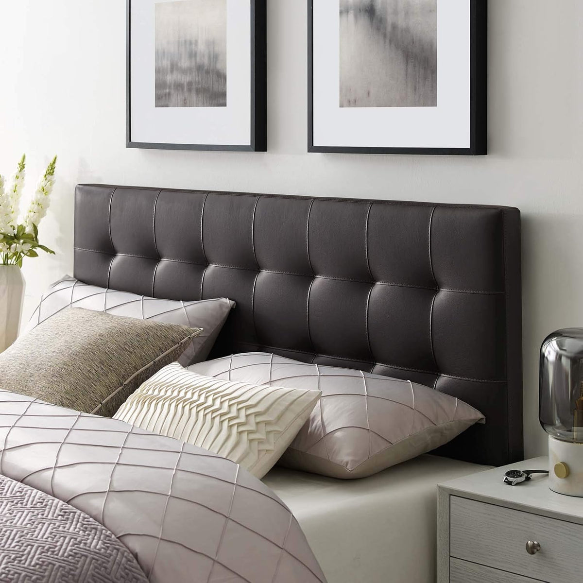 Tufted Faux Leather Upholstered Queen Headboard, White(Brown,King)